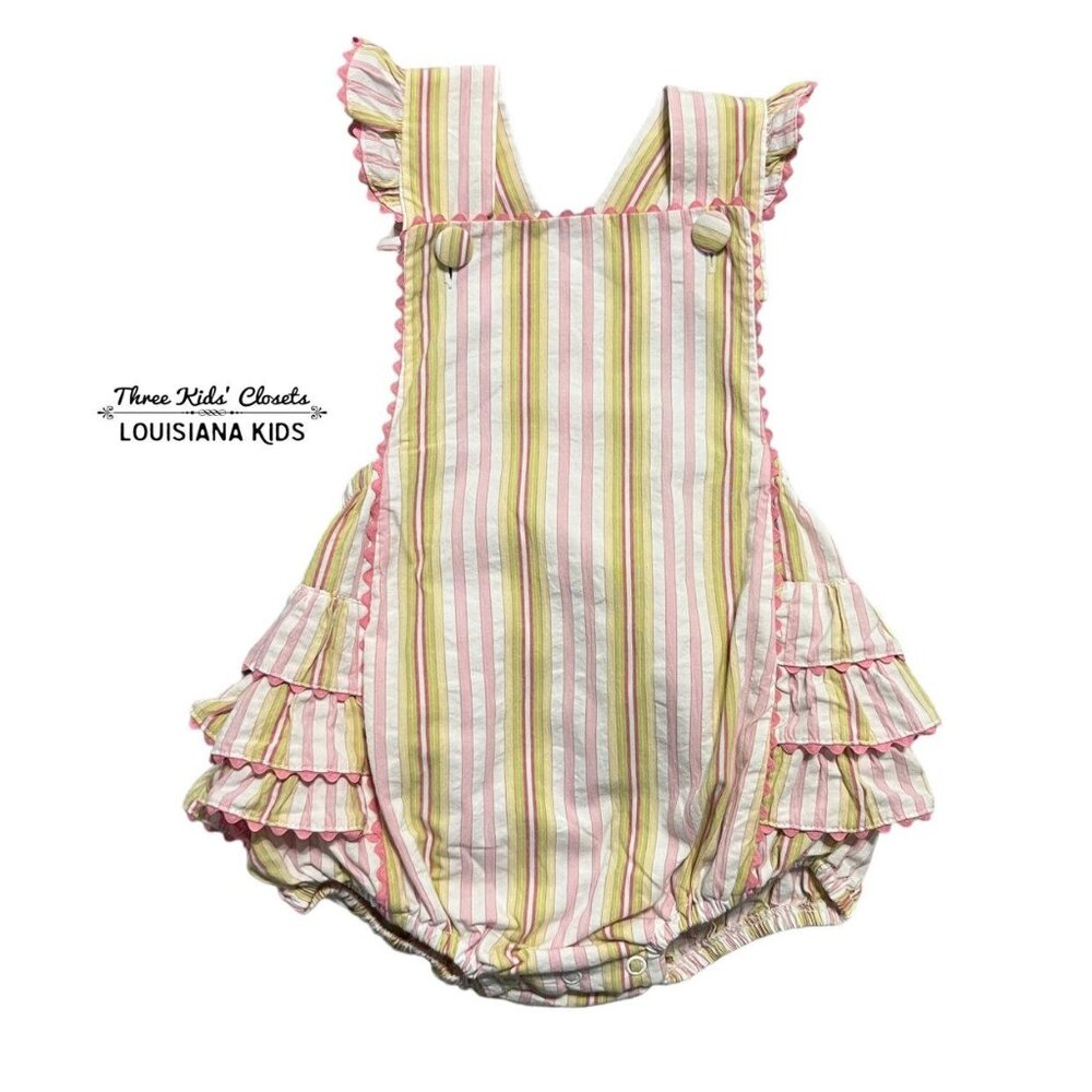 Surcie 18m Pink & Green Striped Ruffle Bubble Romper